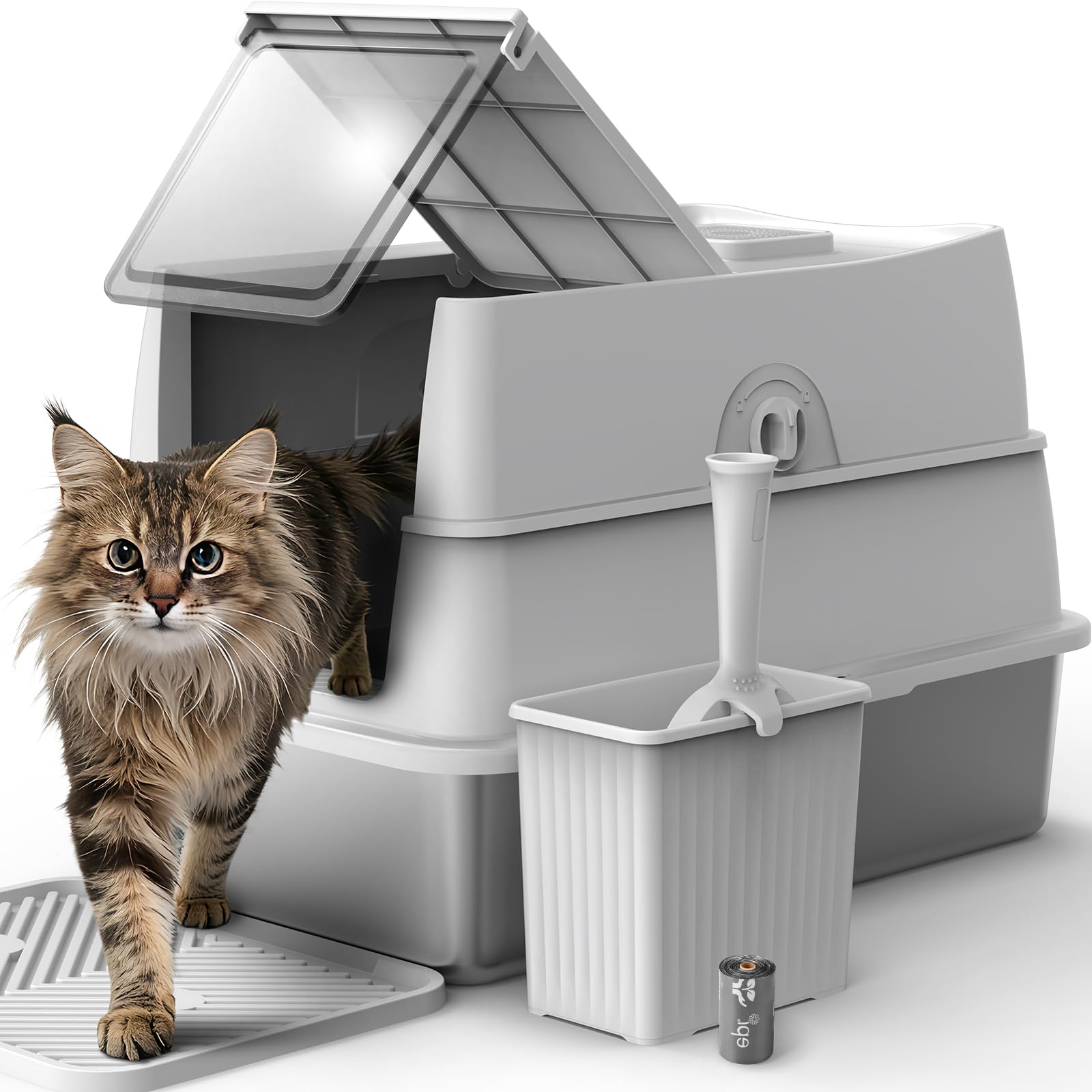FURTIME XXL Stainless Steel Cat Litter Tray with Lid(3-in-1), Cat Litter Box High Sided, 58cm Enclosed Metal Extra Large Litter Tray for Big Cat, with Scoop, Storage Box and Mat, 58x38x38cm(Grey)