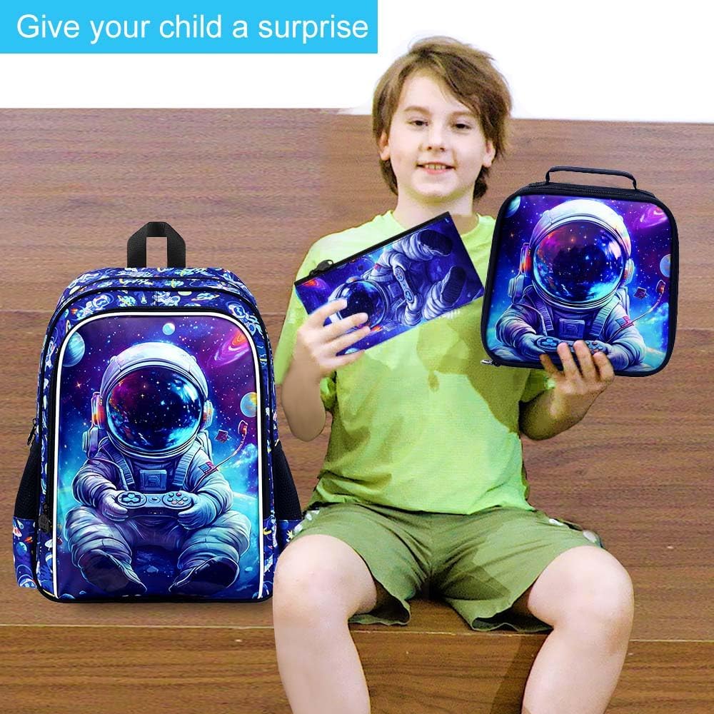 UFNDC Kids Bookbag, 3PCS Boys Astronaut Play Game Backpack with and Lunch Box, Water Resistant School Bag for Elementary Preschool Toddler