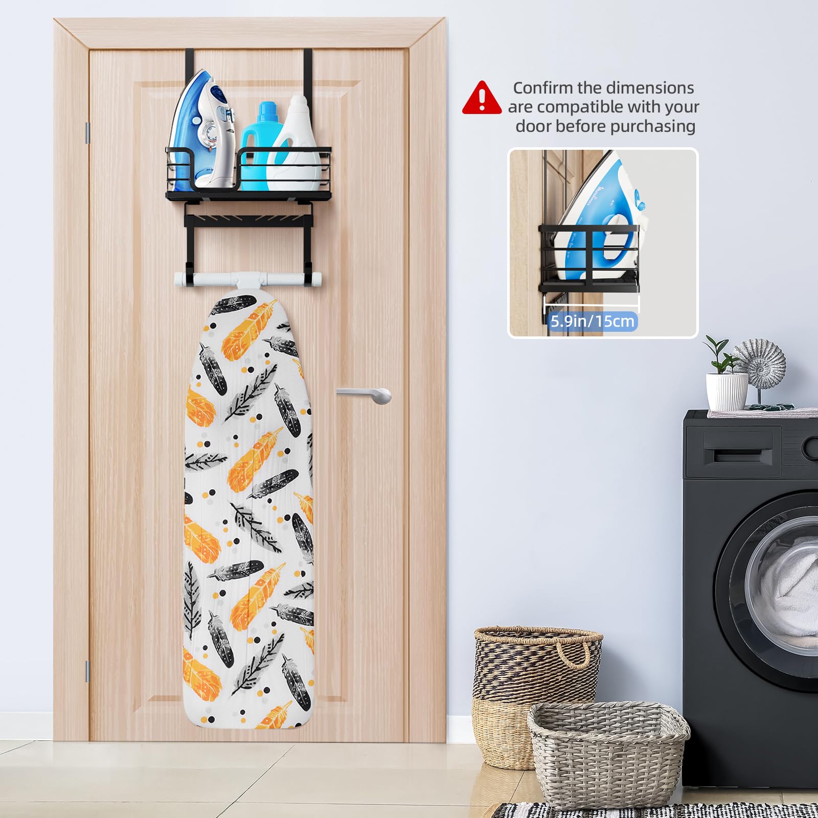TJ.MOREE Monte a parete/Porta del tabellone da stiratura con grande cestino, ferro da stiro e supporto per la sala da stiro