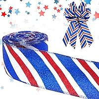 Vista 1 de Threetols Cinta patriótica con borde de alambre de 2.5 pulgadas, 10 yardas, cinta con alambre de purpurina roja y azul para el Día de los Caídos