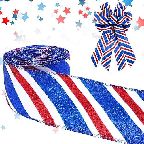 Cintas patrióticas con borde con alambre de 2.5 pulgadas, 10 yardas, cinta de tela patriótica con purpurina roja y azul para manualidades,