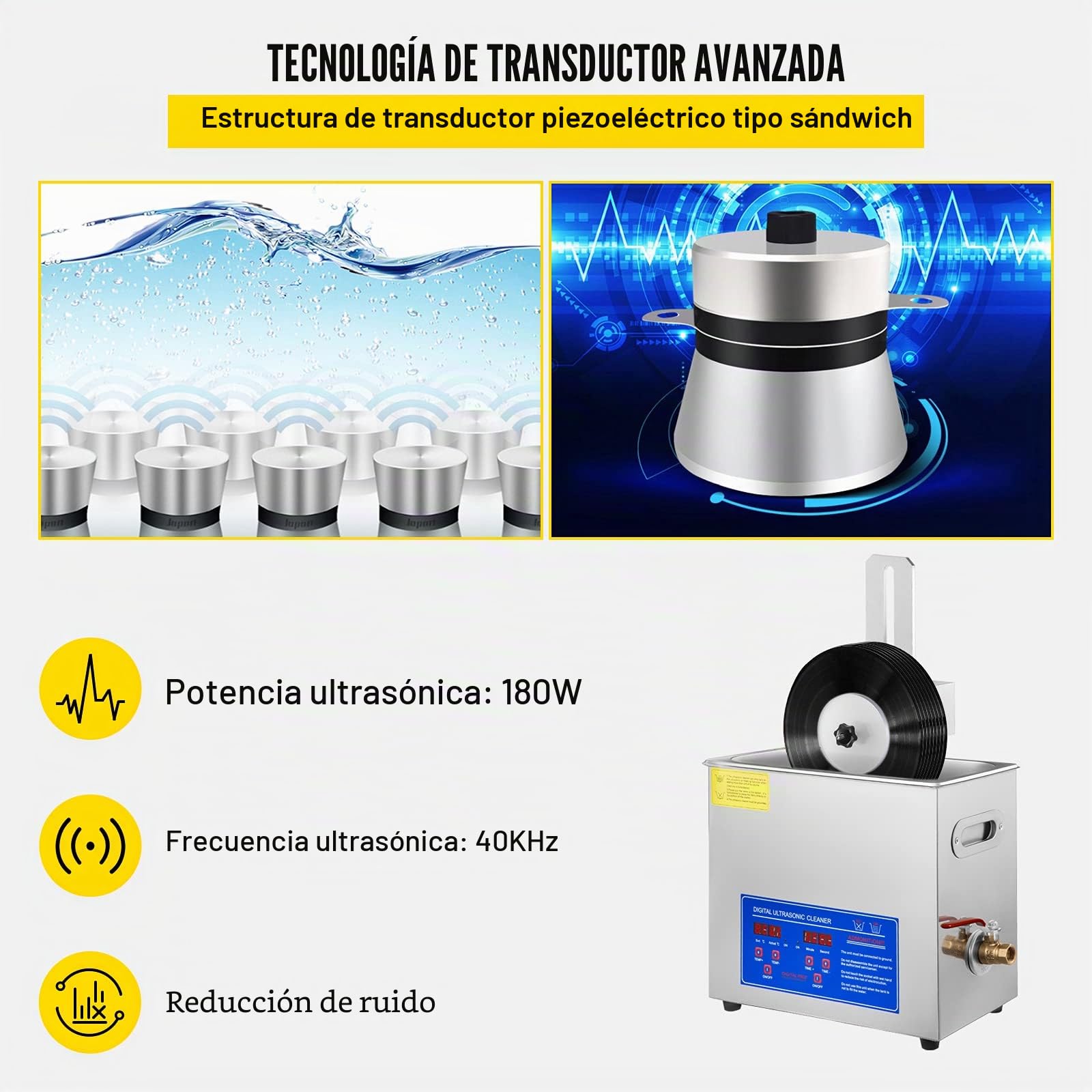 VEVOR Limpiador Ultrasónico 395 x 25 x 325 mm Limpiador Ultrasónico de Vinilo 6 L Máquina de Limpieza Ultrasónica de Vinilo 8 Discos 180W Limpiador Ultrasónico de Discos, Rejilla de Secado para Tienda