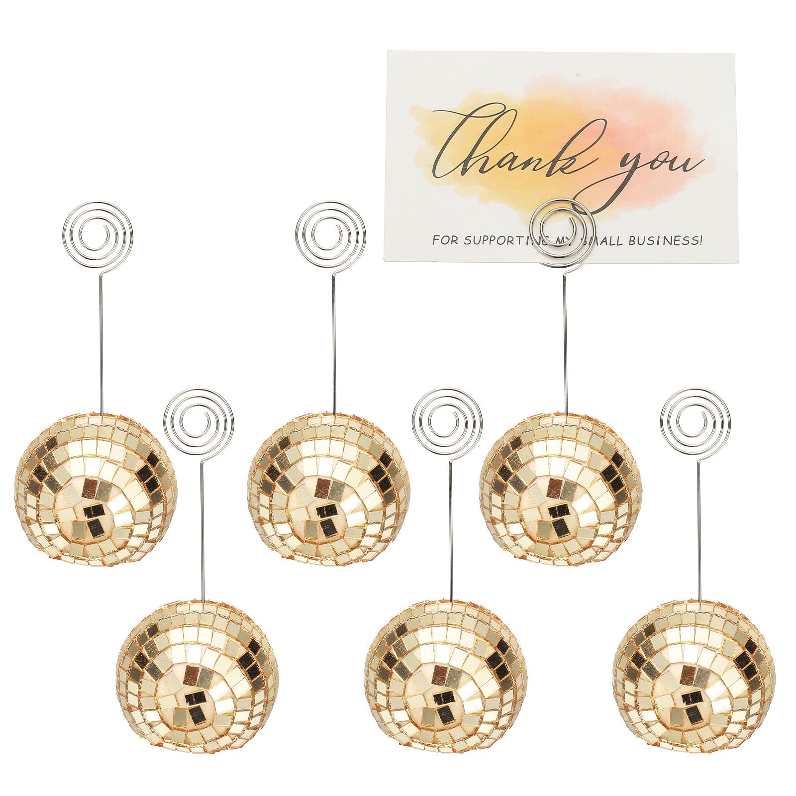 PATIKIL 2 Inch Disco Ball Place Card Holder, 6Pcs Disco Table Sign Holder Table Number Holders Name Card Stands with Clip for Decor Photo Menu Display Wedding Birthday Party, Dark Gold