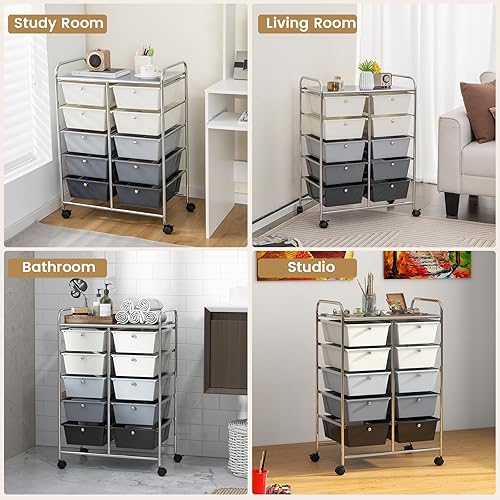 Miniatura 7 de HAPPYGRILL Carrito de almacenamiento con ruedas de 10 cajones, carrito organizador de almacenamiento con ruedas bloqueables, carrito de utilidad