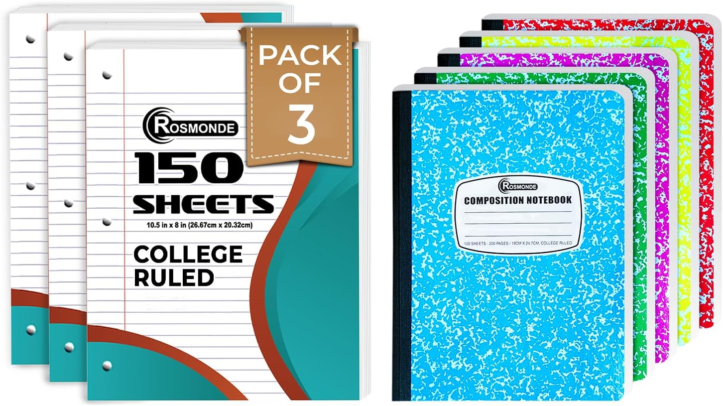 Rosmonde College Ruled Composition Notebooks 5 Pack, 200 Pages (100 Sheets) Assorted Colors Marble Composition and 3 Ring Binder Loose Leaf Paper 3 Pack, 450 Sheets,Combo, School, College, Office
