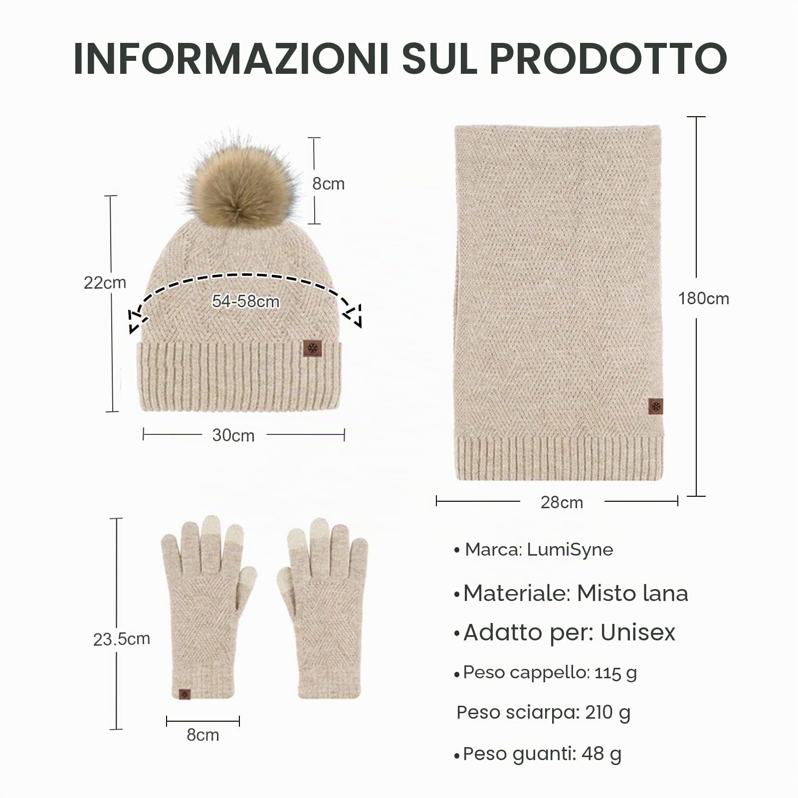LumiSyne Invernali 3 Pezzo Cappello Sciarpa Guanti Per Uomo Donna Tinta Unita Cappello In Maglia a Rombi Sciarpa Lunga Guanti Touch Screen Berretto Bobble Lana Morbida Fodera In Pile Morbido Termico