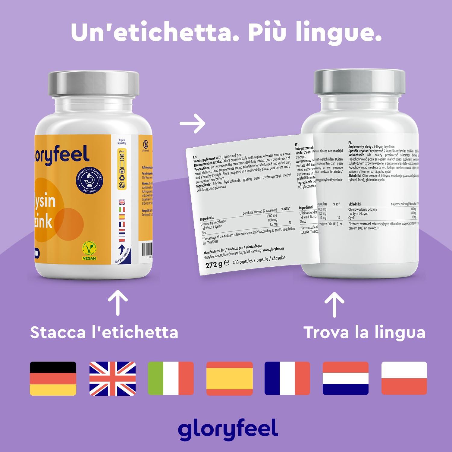 L-Lisina, 400 Capsule, 1.000 mg di L-lisina + Zinco 1,5 mg per Dose Giornaliera, da Fermentazione Vegetale, Vegana, ad Alto Dosaggio, Senza Additivi, Prodotta e Testata in Laboratorio in Germania