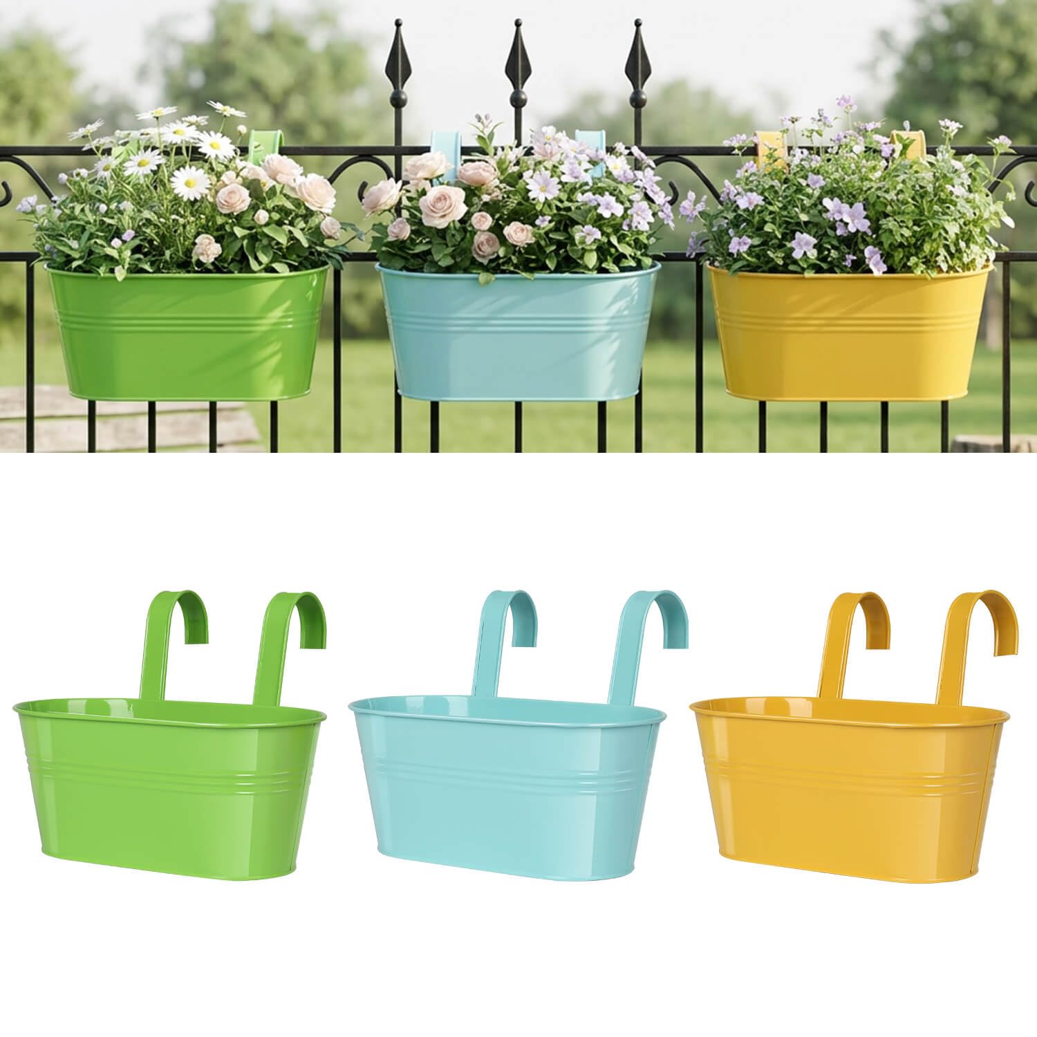 Railing planter box - 3 Pack Metal Hanging Flower Pots with Detachable Hooks & Drainage Holes, Window Oval Bucket Fence Hanging Planters for Outdoor