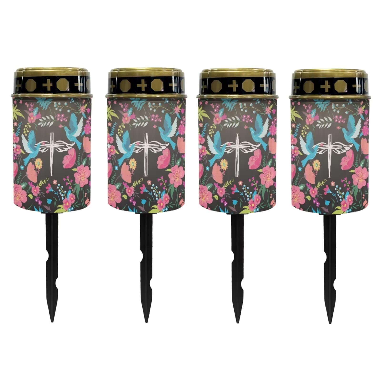 Poceacles Cross Solar Candle Pack of 4 Cemetery Solar Lights for Grave LED Garden Lights Solar Powered Solar Pathway Lights Outdoor Waterproof with Dusk to Dawn Sensor, Dove of Peace Cross Floral