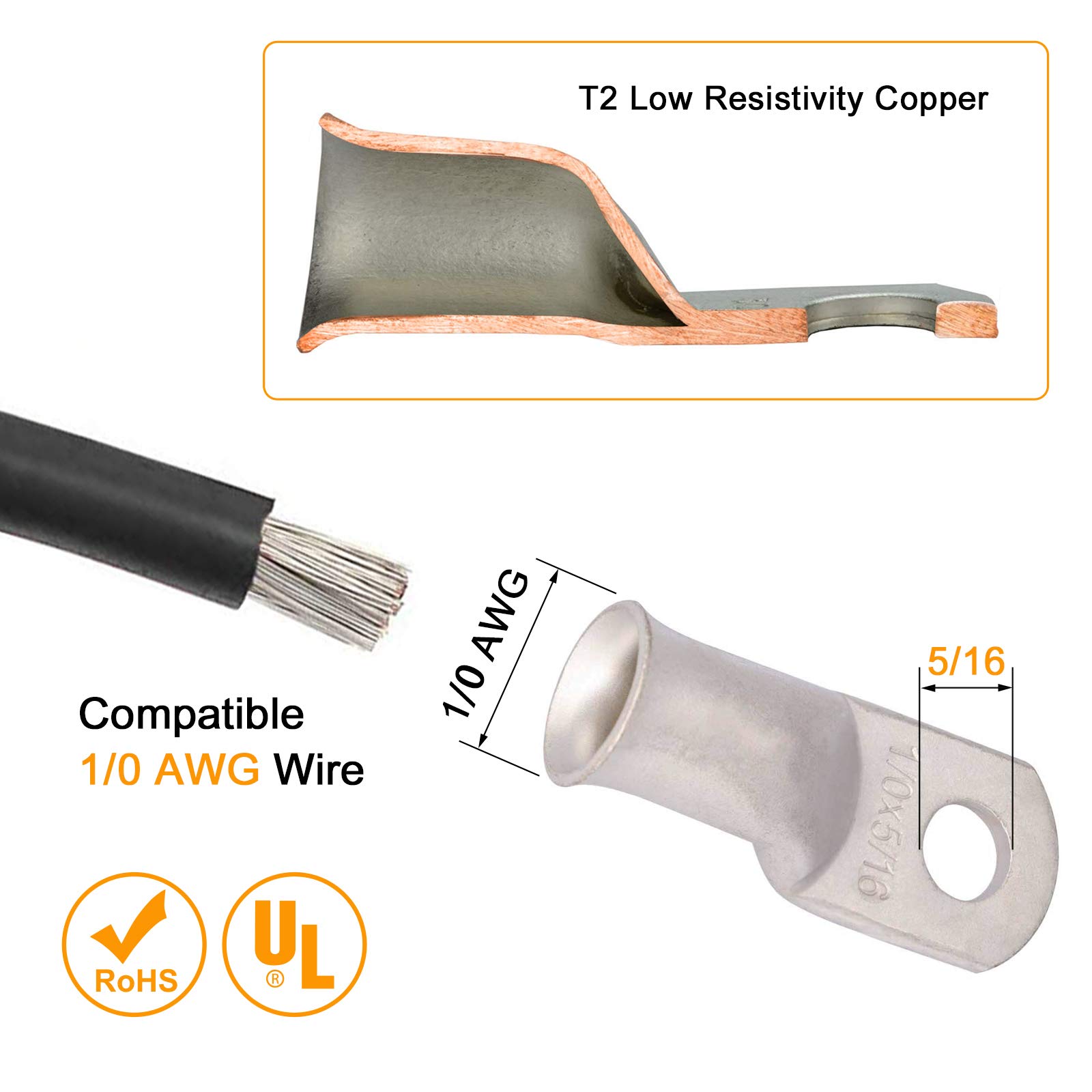 SVAAR Kit de aletas de cobre estañado calibre 0 0 AWG terminales de cable de batería 1/0 AWG 3/8" y 1/0 AWG 5/16" terminales de anillo, 8 terminales de cable calibre 0 + 8 termorretráctiles 3:1 + 2