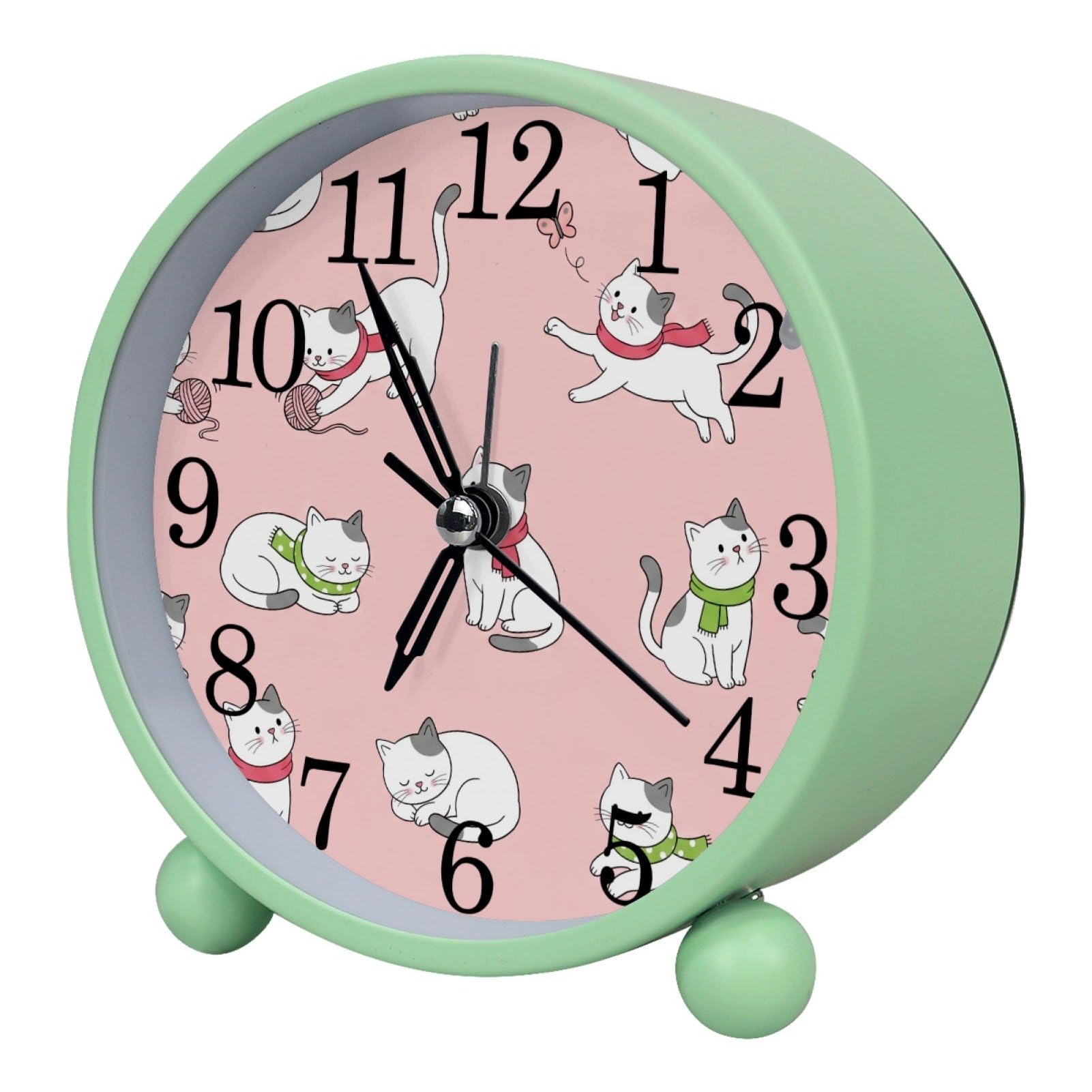 etoenbrc Cats with Pink Background Round Battery Operated Bedside Alarm Clock Non-Ticking Desktop Silent Analog Alarm Clock with Light