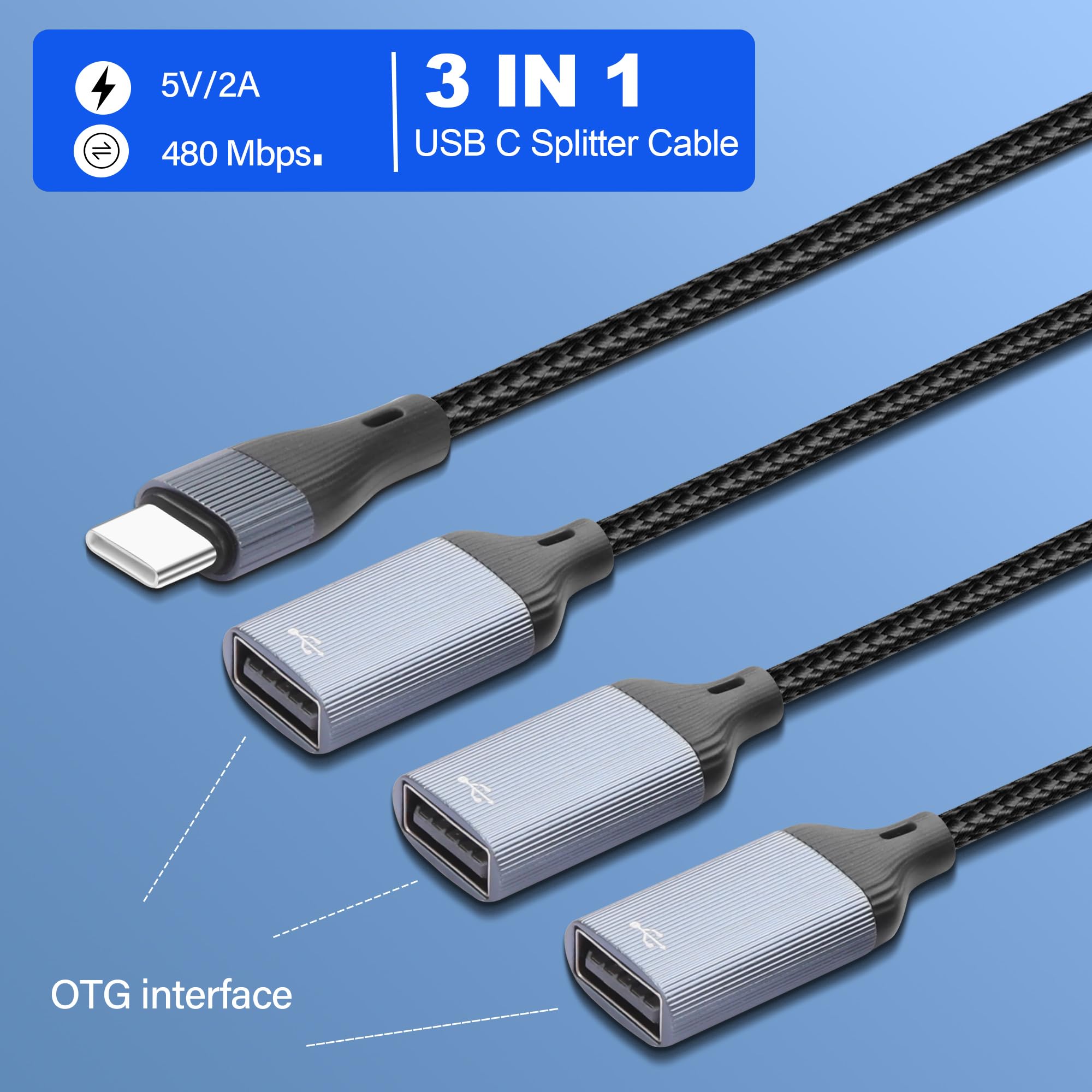 TiMOVO Câble Répartiteur USB C, Adaptateur USB C Mâle vers 3 USB C Femelle avec Charge Rapide, Adaptateur Type C 3 en 1 pour iPhone 15/16/Pro/Pro Max/Plus, iPad Pro/Air, Mac,Samsung
