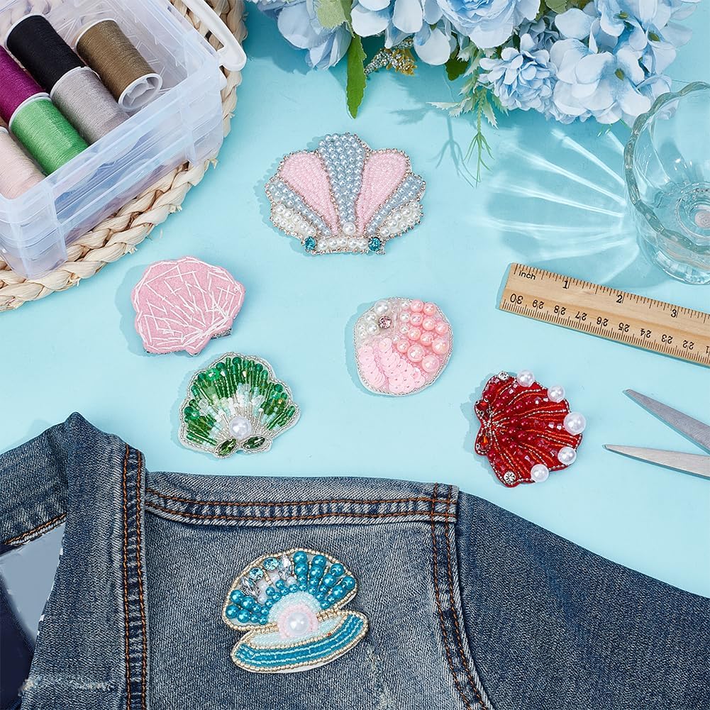 PH PandaHall 6 Styles Sea Shell Embroidery Patch Ocean Sew on Patches Beaded Rhinestone Applique Patch Beach Fabric Patch with Pearl for DIY Clothing Sewing Dress Hat Shoes Handbag Jeans Summer Decor