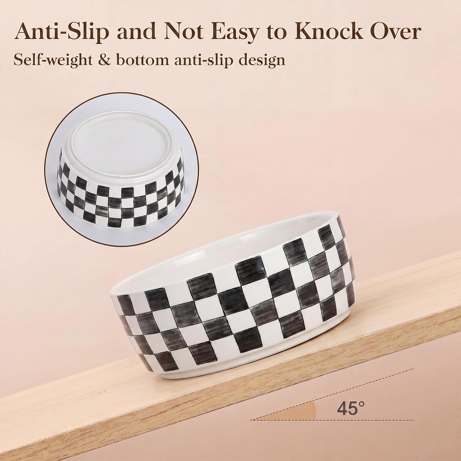 6.4 inch Ceramic Hand Painted Basic Dog Bowl Set of 2 with Anti-Skid Rubber Base, Food and Water Bowls for Small Pets,Black image 5