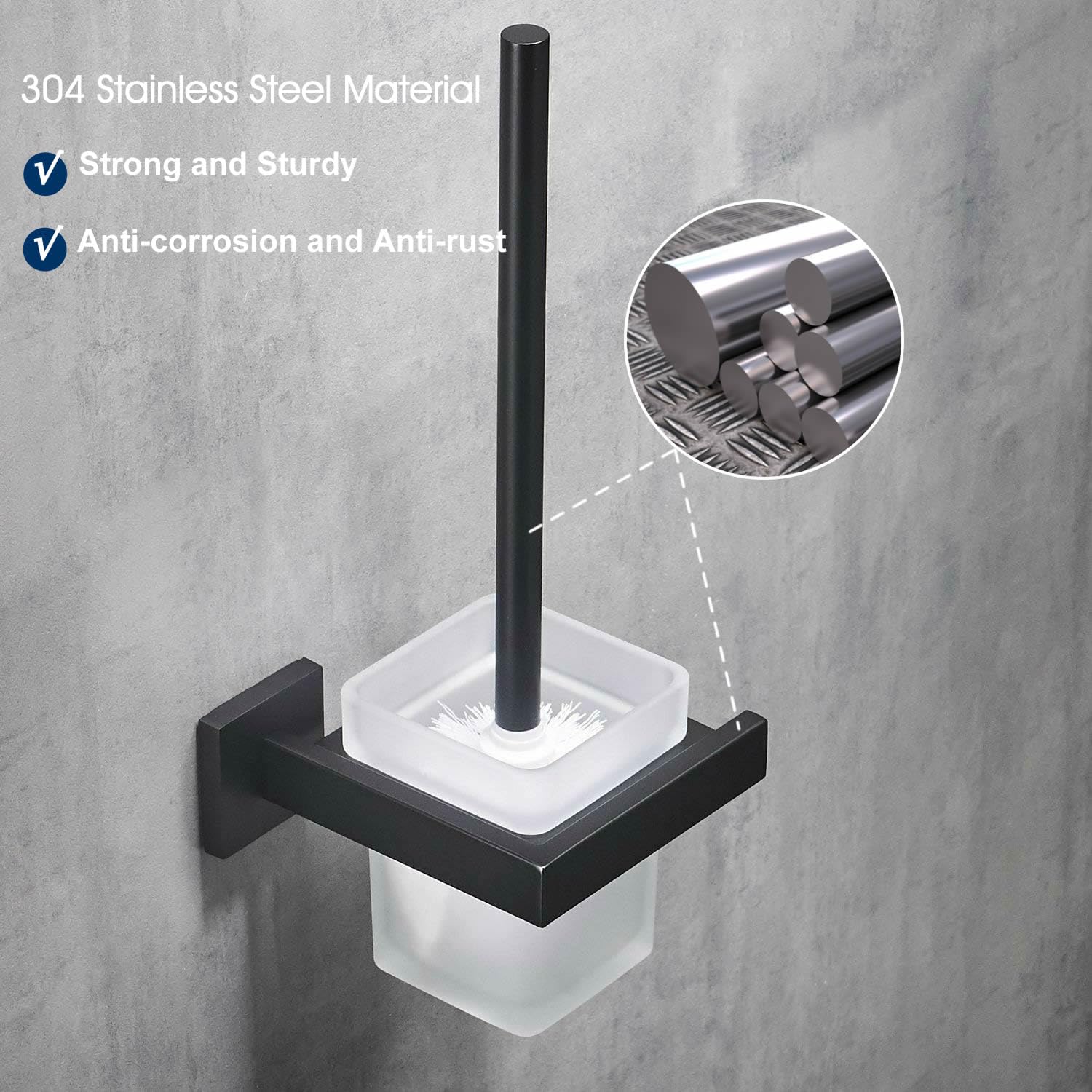 Cepillo WC y Soporte de Pared con Soporte, Negro, Acero Inoxidable 304 y Vidrio Mate para baño