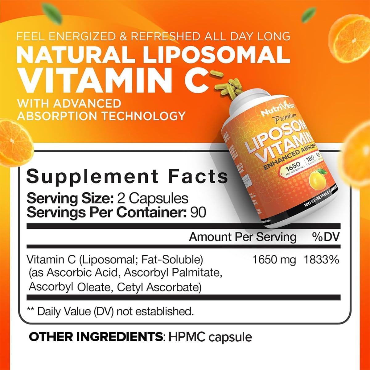 Nutrivein Premium Liposomal Vitamin C Supplement 1650mg - 180 Caps: High-Absorption High Dose Vitamin C Capsules for Whole-Body Defenses & Overall Well-Being - Image 2
