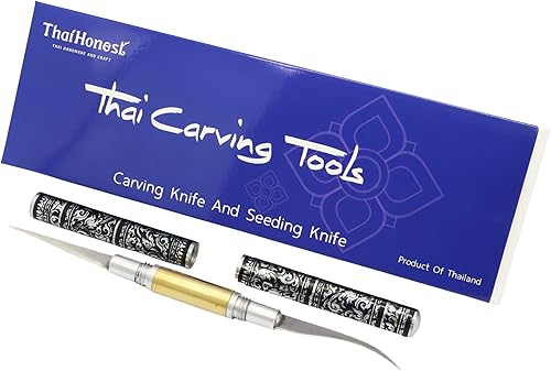 Cuchillo tailandés para tallar frutas, hoja de doble cara de 2 pulgadas (curva y recta) con mango decorativo negro tailandés, herramienta de