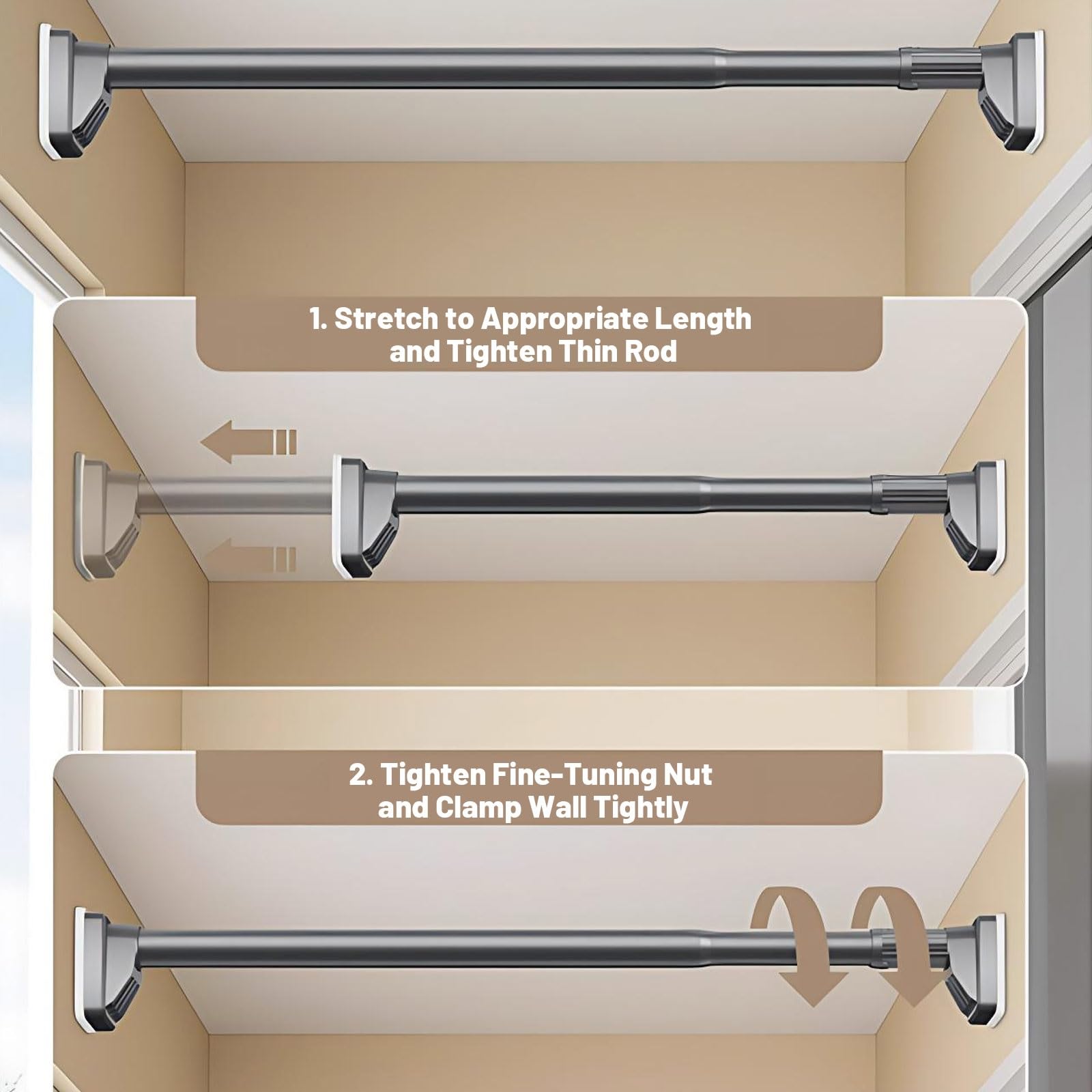 Tringle de Rideau de Douche Sans Perçage 70-300 cm Barre de Tension Réglable Tringle Extensible en Acier Inoxydable pour Salle de Bain Fenêtre Penderie(Gray,63"-98"(160-250cm))