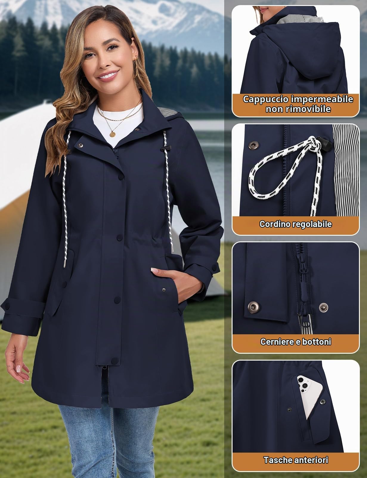 Giacca Impermeabile Donna Antipioggia Leggera Giacca a Vento Lungo Antivento Trench Impermeabile Cappotto con Cappuccio Raincoat per All'aperto Campeggio Trekking
