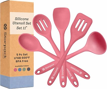 Starpack Stir and Serve Silicone Cooking Utensils Set 5-Piece, 11" - LFGB Non Toxic, 600F Heat Resistant, BPA-Free - One-Piece Seamless, Dishwasher Safe - for Nonstick Cookware, Earthy Pink