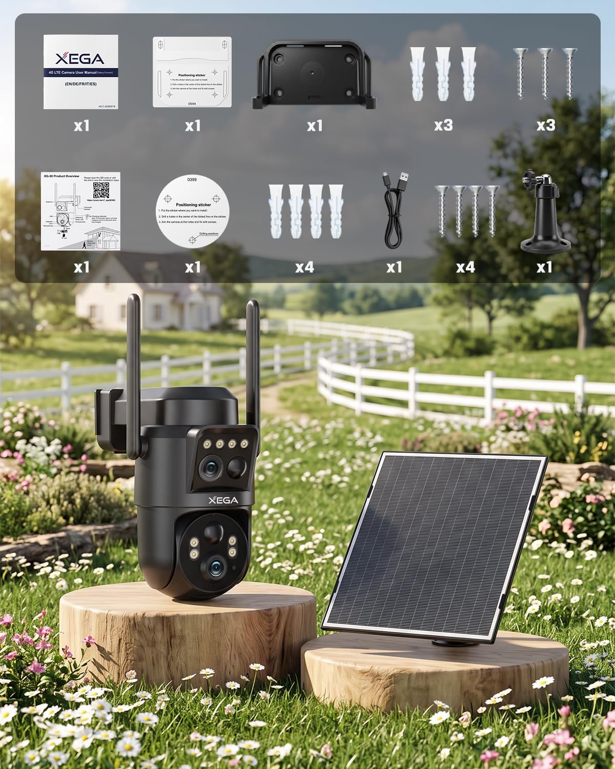 Xega 4G LTE Caméra Solaire Double Objectif avec Carte SIM Extérieure