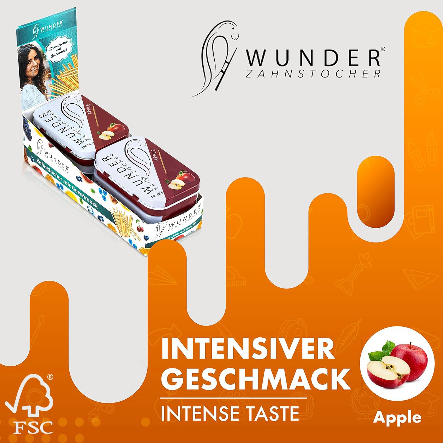 Wunder Palillo Display (pack de 6) - Palillos con sabor - Aliento fresco - Higiene bucal - Palillos sabrosos (manzana)
