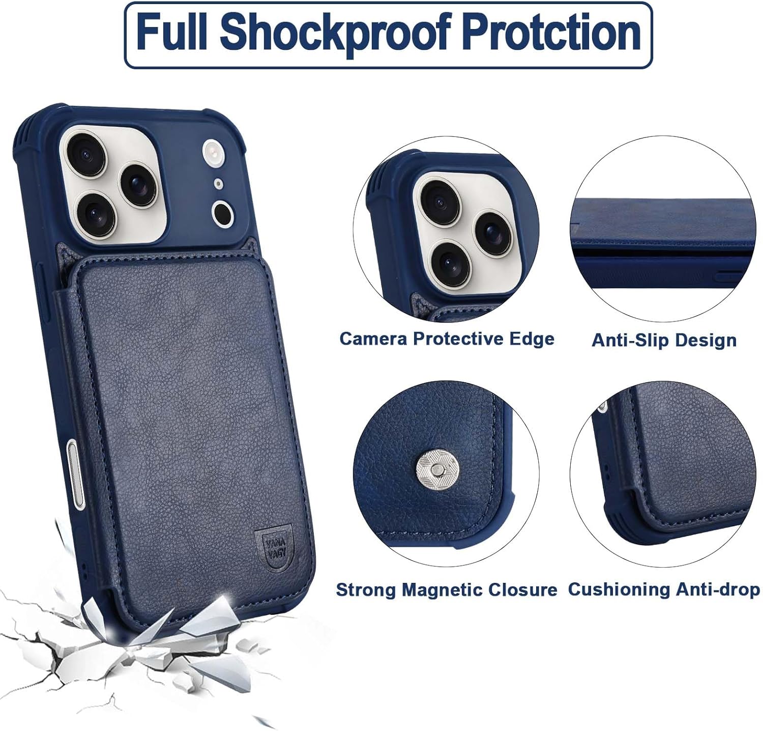 VANAVAGY Compatible for iPhone 17 Pro Wallet Case with RFID Blocking Card Holder, [Screen Protector] PU Leather Kickstand Card Slots Magnetic Clasp Shockproof Case for Women Men,Navy Blue
