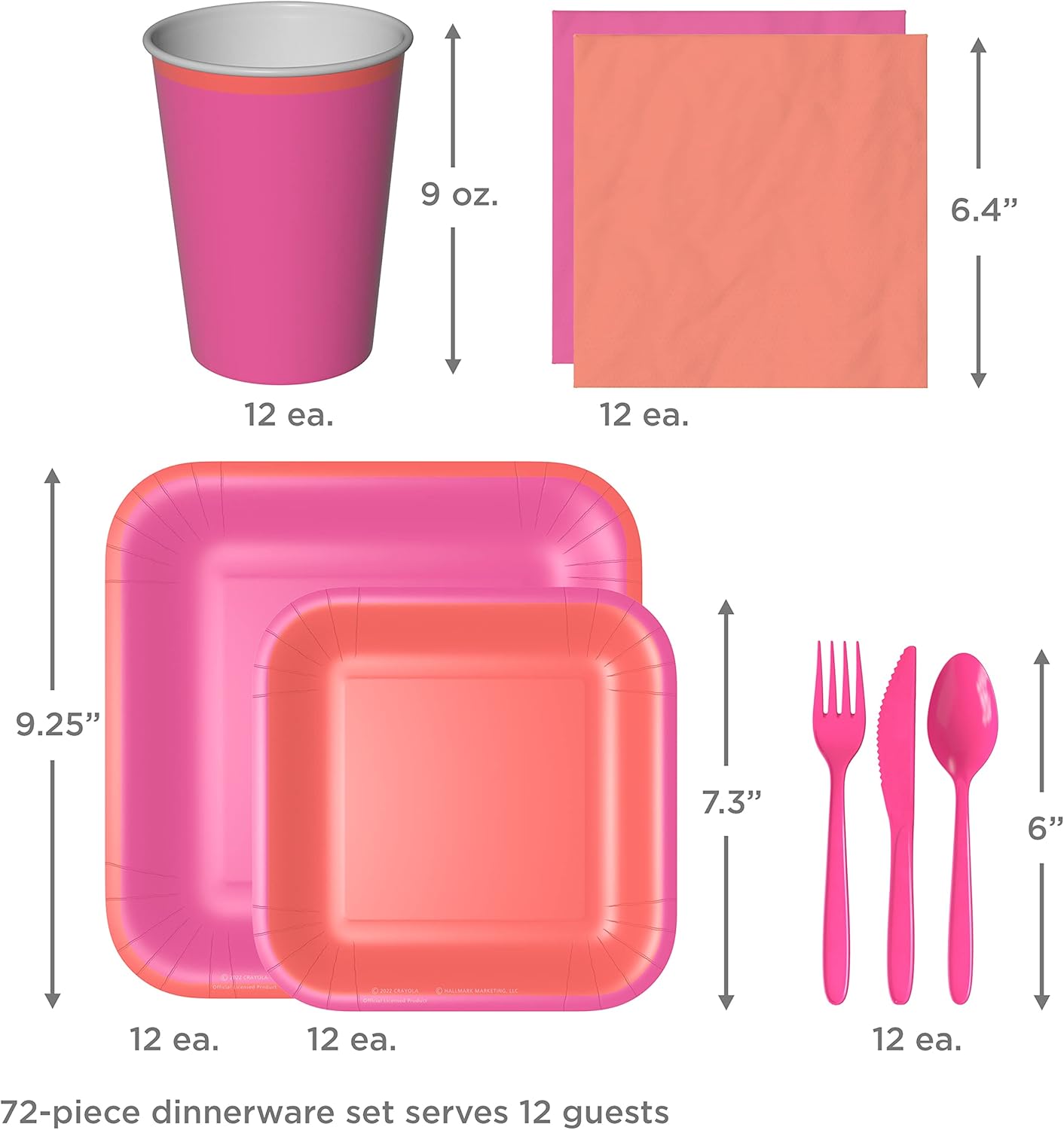 Crayola Hallmark Color Pop Pink and Peach Orange Party Supplies (12 Dinner Plates, 12 Dessert Plates, 12 Paper Cups, 24 Napkins, 12 Sets of Plastic Cutlery) for Birthdays, Easter, Bridal Showers: Home & Kitchen