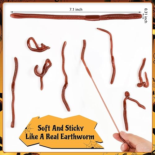 Miniatura 2 de HLARTNET 85 lombrices de tierra falsas de Halloween, gusano de plástico, suave, realista, elástico, juguete para Halloween, fiesta del día de los