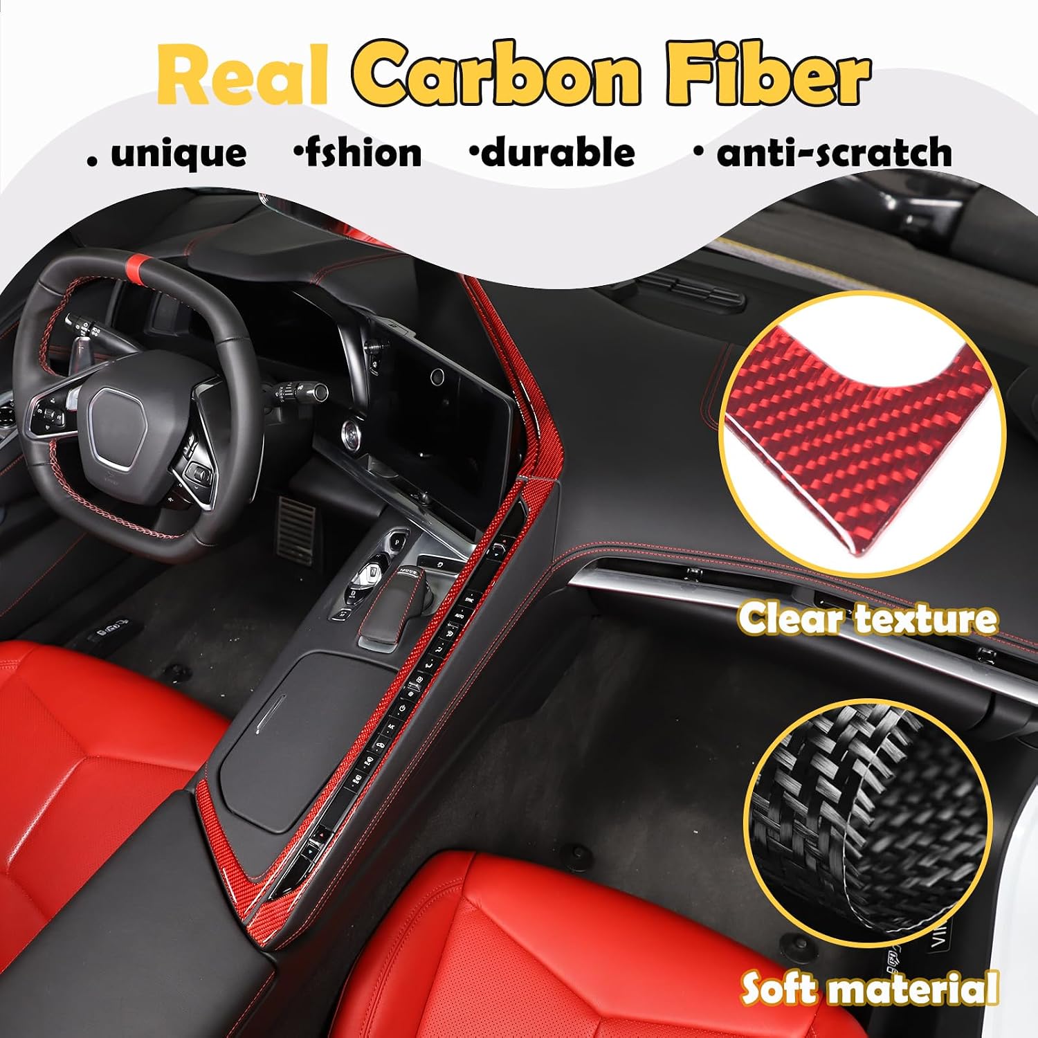 Soft 3D Real Carbon Fiber Car Center Conosle AC Switch Trim Strip Sticker Trim Decor Trim Kit Compatible with Corvette C8 Stingray Z06 Z51 2020 2021 2022 2023 Interior Decoration Accessories (Red) image 3