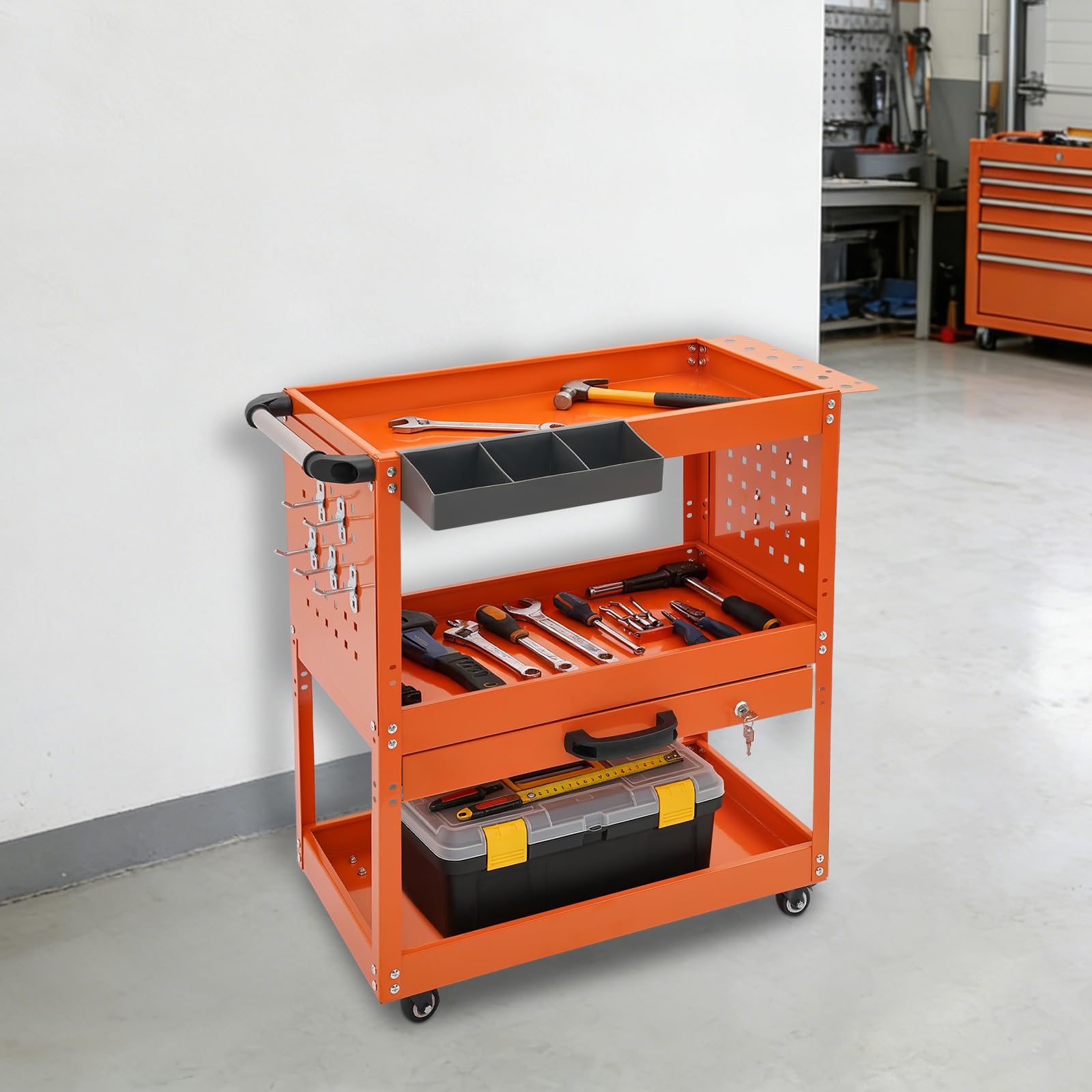 Carrello da officina a 3 ripiani con cassetto, portata 250 kg, carrello per attrezzi, per magazzino, garage, officina (arancione)