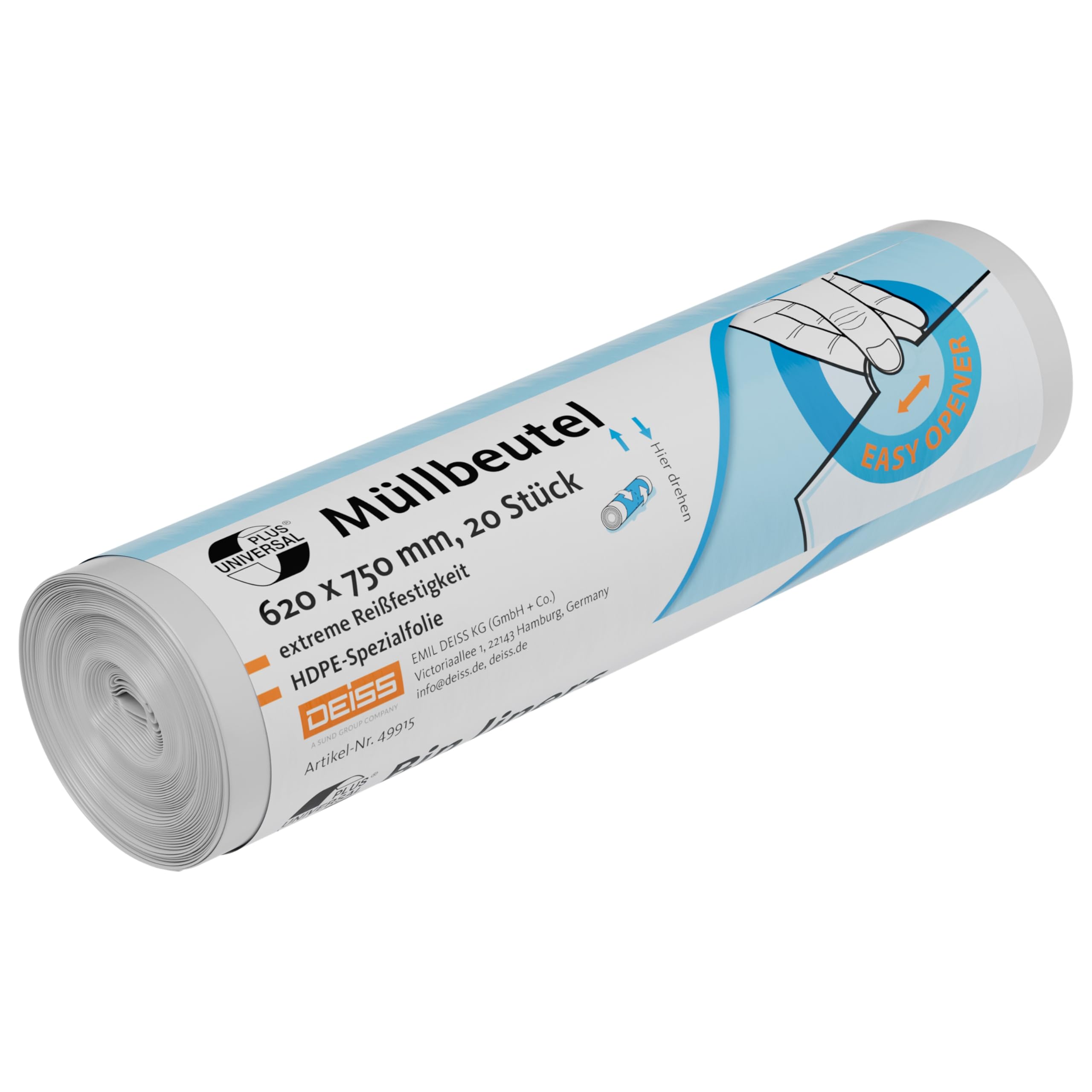 Deiss Universal 49915 Bin Liners, 620 mm x 750 mm, 60 L, Transparent (Pack of 20)