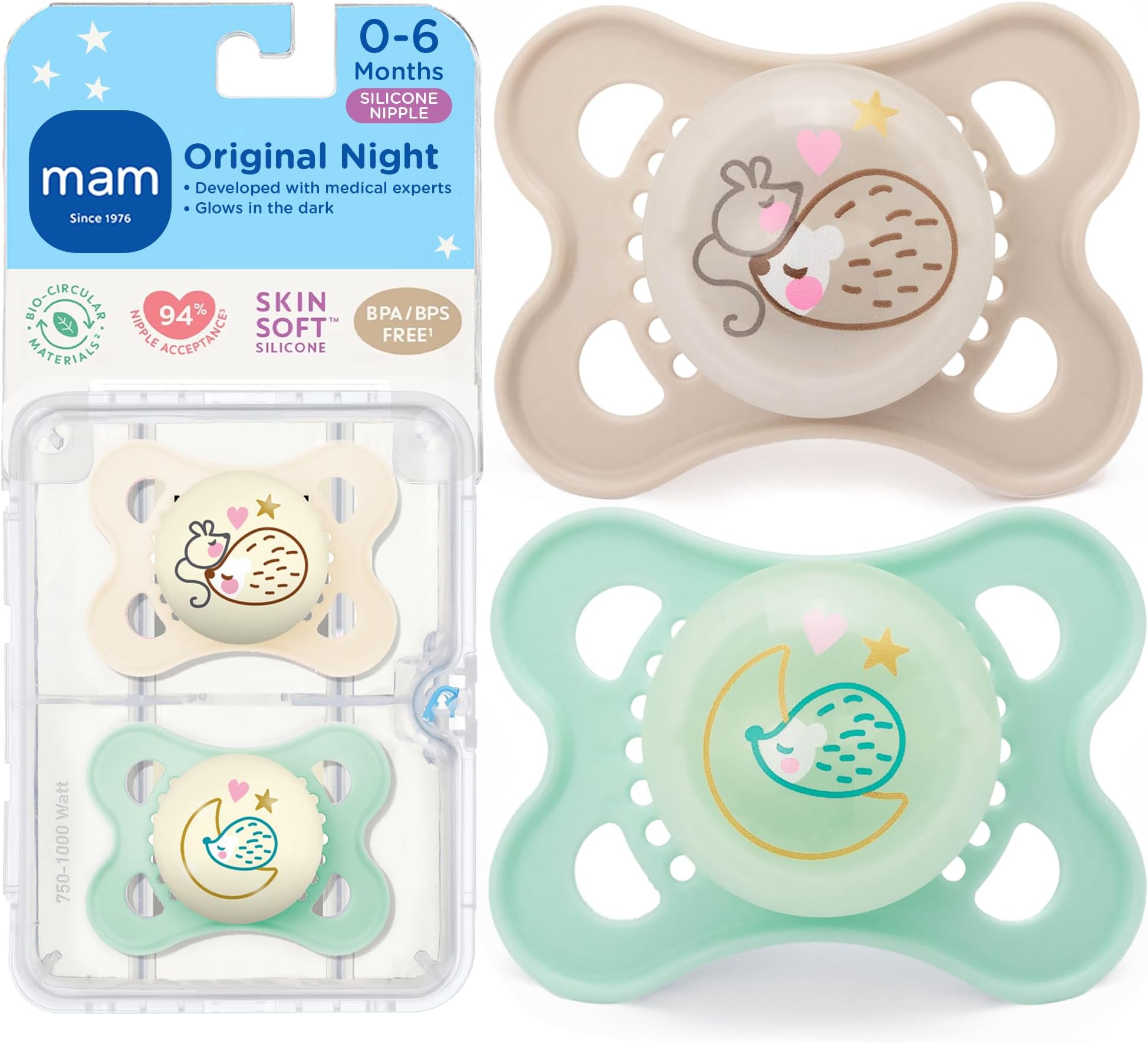 Original Baby Pacifiers 0-6 Months, Binky for Newborn Babies, BPA-Free Skin Soft Silicone Nipple, Glows in The Dark, Developed with Medical Experts, 2 Count, Sterilizer Case, Made in Europe