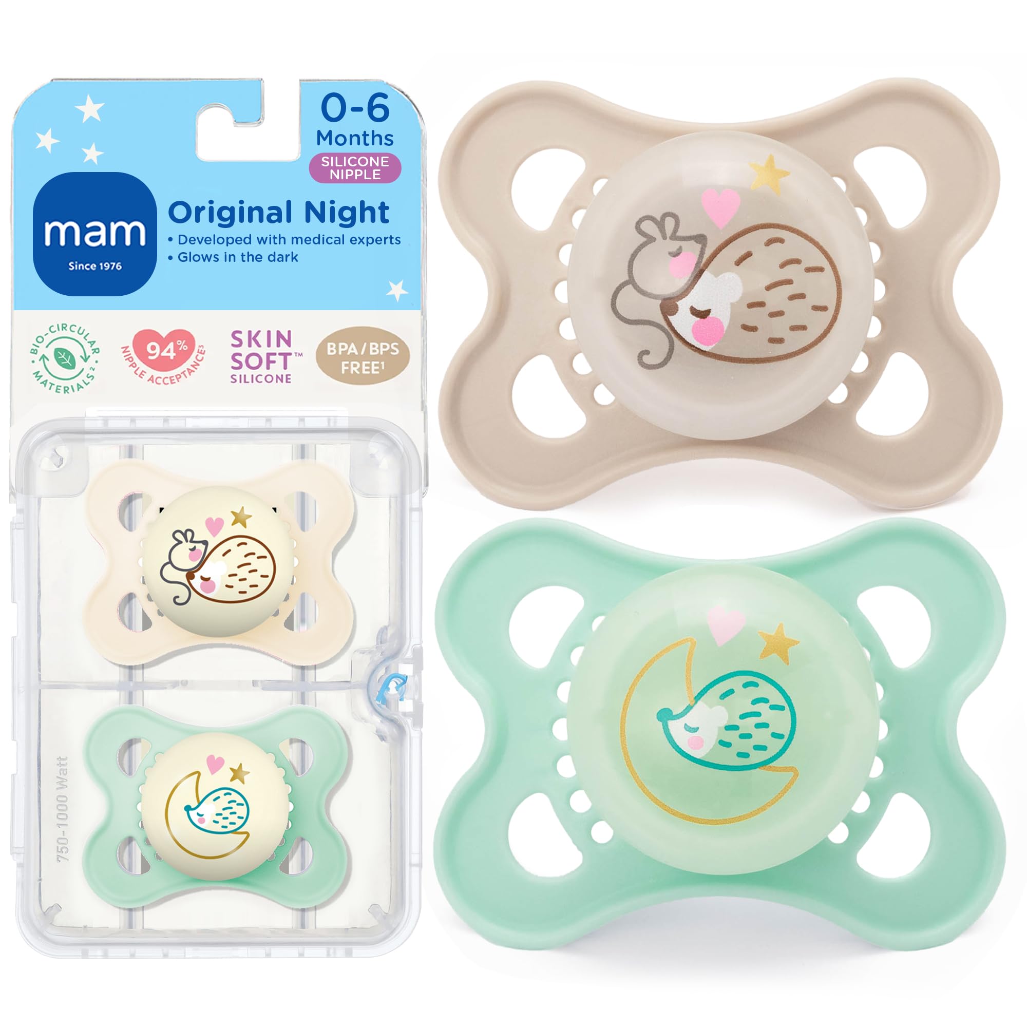 MAM Original Baby Pacifiers 0-6 Months, Binky for Newborn Babies, BPA-Free Skin Soft Silicone Nipple, Glows in The Dark, Developed with Medical