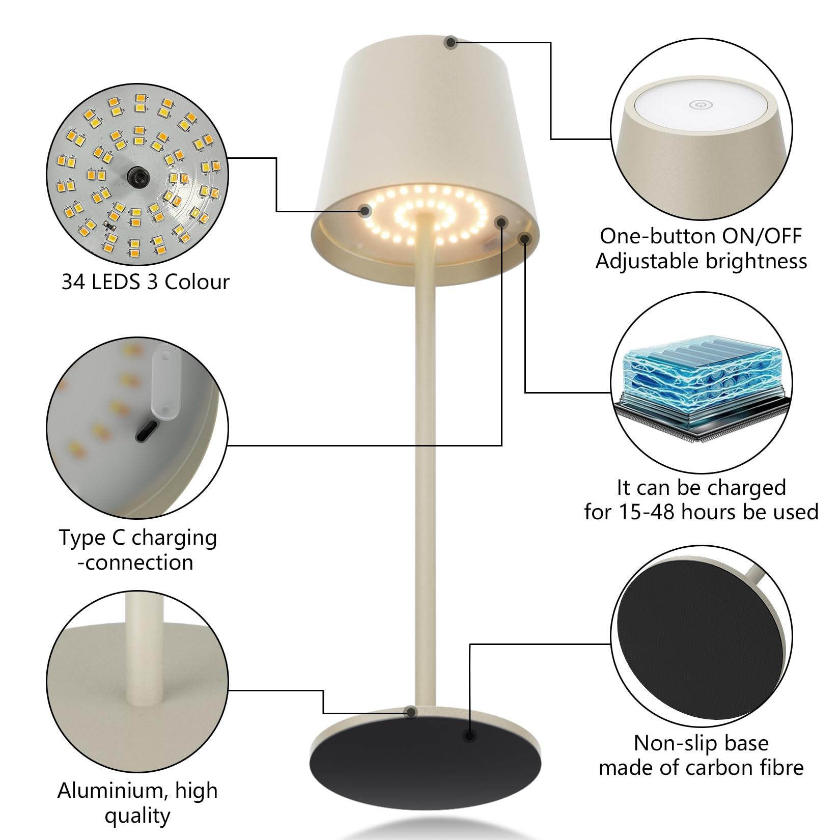 Aipsun 2 Stück Dimmbare led akku tischleuchte Beige mit 6000mAh | 5V 2A Wiederaufladbar Warmweiß(2700k-6000k) ,Aluminium,IP54 wasserdicht für Restaurant, Schlafzimmer, Bar, Camping