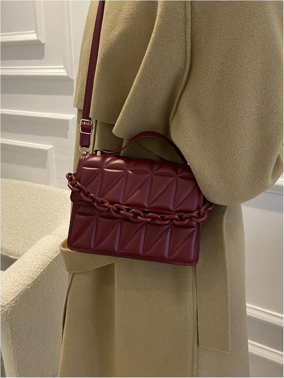 OYOANGLE Women's Quilted PU Leather Square Crossbody Bag Mini Satchel Handbags Fashion Purse