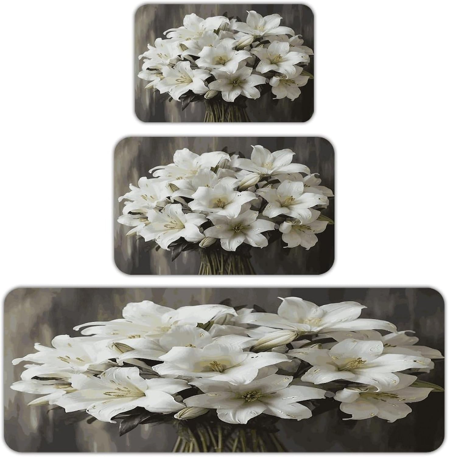 White Lily Bouquet Kitchen Mats Soft Absorbent Rugs for Floor Non Slip Washable Kitchen Mats Fashion Rectangular Rugs for Three-Piece Set for Laundry Office Home Sink