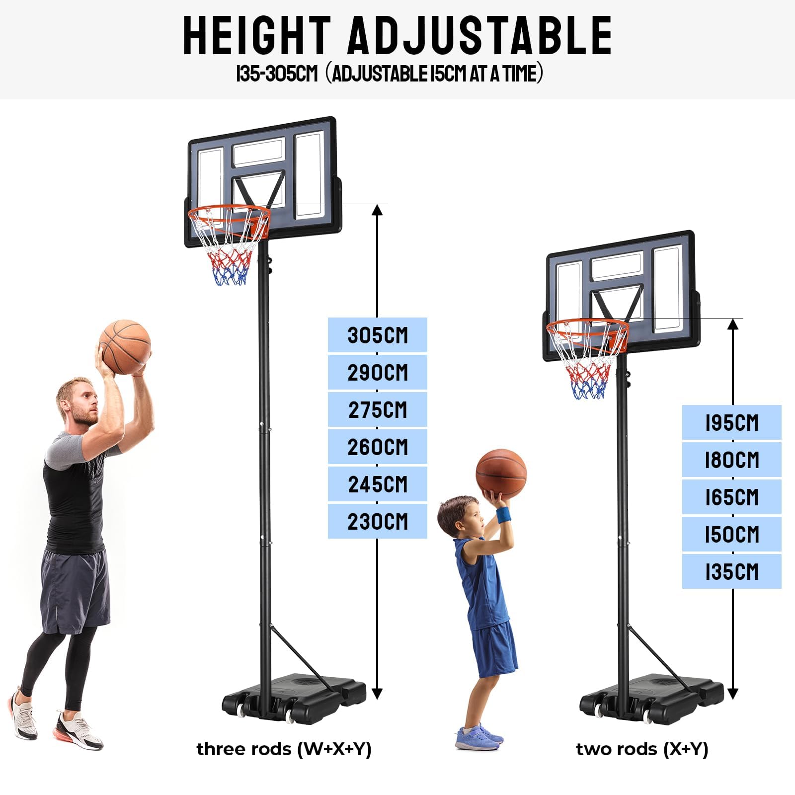 Basketballkorb Outdoor 135-305cm Basketballanlage Standfuß Basketballständer mit 110 x 71 cm Rückwand, Geeignet für Erwachsene, Jugendliche, Kinder im Hinterhof, Garten, Garage, Innenbereich