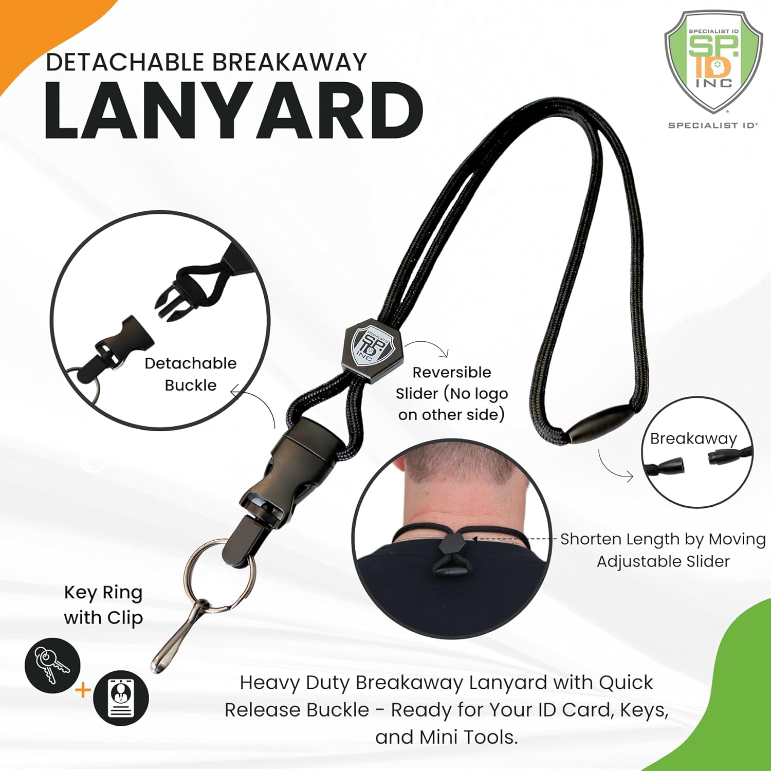 Bulk 20 Pack - Heavy Duty Breakaway Lanyards for ID Badges and Keys - Badge Holder & Keychain Neck Strap - Thick Cord Tactical Lanyards with Detachable Buckle & Adjustable Slide Specialist ID (Black)