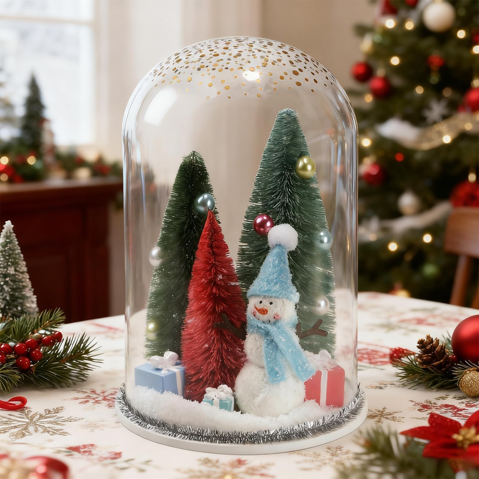 Plastic Christmas Snow Globe, Indoor Christmas Decorations, Snow Globe Kit Bottle Brush Trees Cloche Glass Dome for HomeTabletop Centerpiece Festival Party Decor
