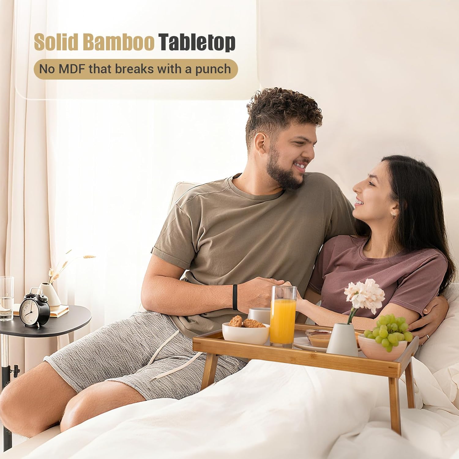 Large Bed Table Tray with Support Bar and Foldable Legs, Bamboo Breakfast Food Trays Table for Bed Sofa Eating and Laptops, TV Lap Tray Table on Couch (Applied for Invention Patent)