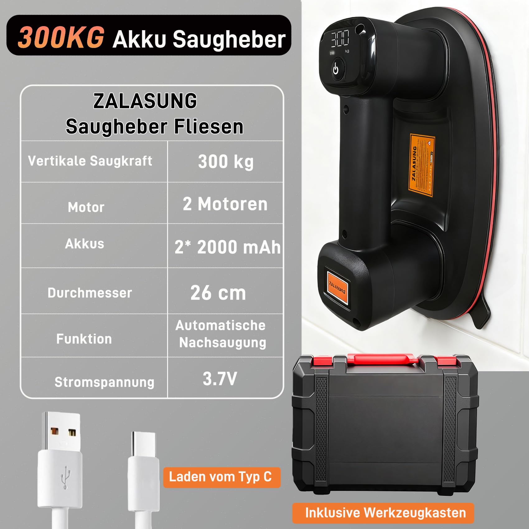 Saugheber Fiesen, Akku Saugheber mit 2 Motoren 4000 mAh, Glassauger 26 cm Durchmesser 300 kg Saugkraft mit LCD-Anzeige für Fliesen Glas Marmor