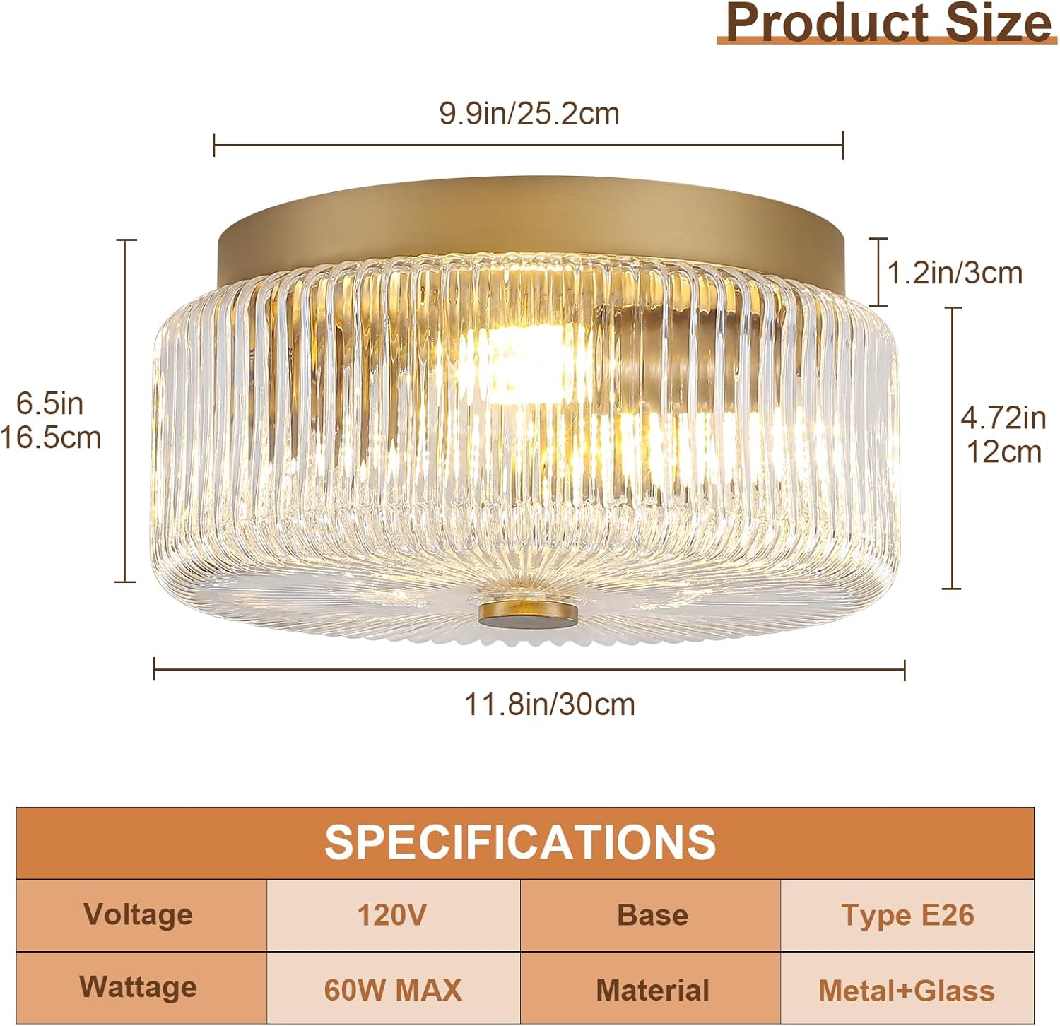 11.8 Inch Gold Flush Mount Ceiling Light, Mid-Century Modern Luxury 3-Light Close to Ceiling Light Fixture with Clear Striped Glass Shade, Elegant Lighting for Bedroom Hallway Kitchen Entryway Foyer