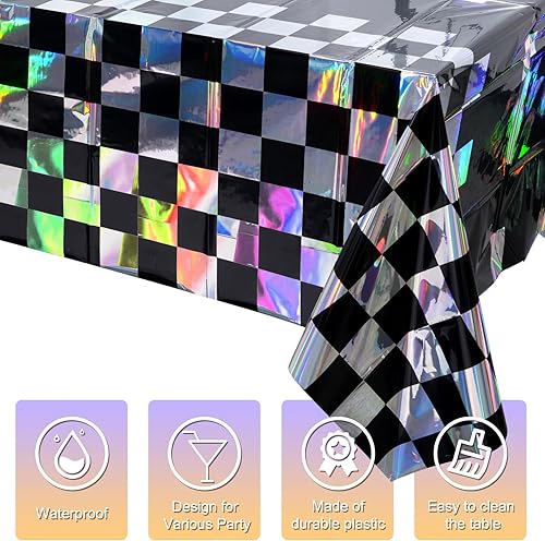 Vista 3 de Paquete de 3 manteles de plástico iridiscentes a cuadros de automóvil de carreras, cubierta holográfica de papel de carreras en blanco y negro