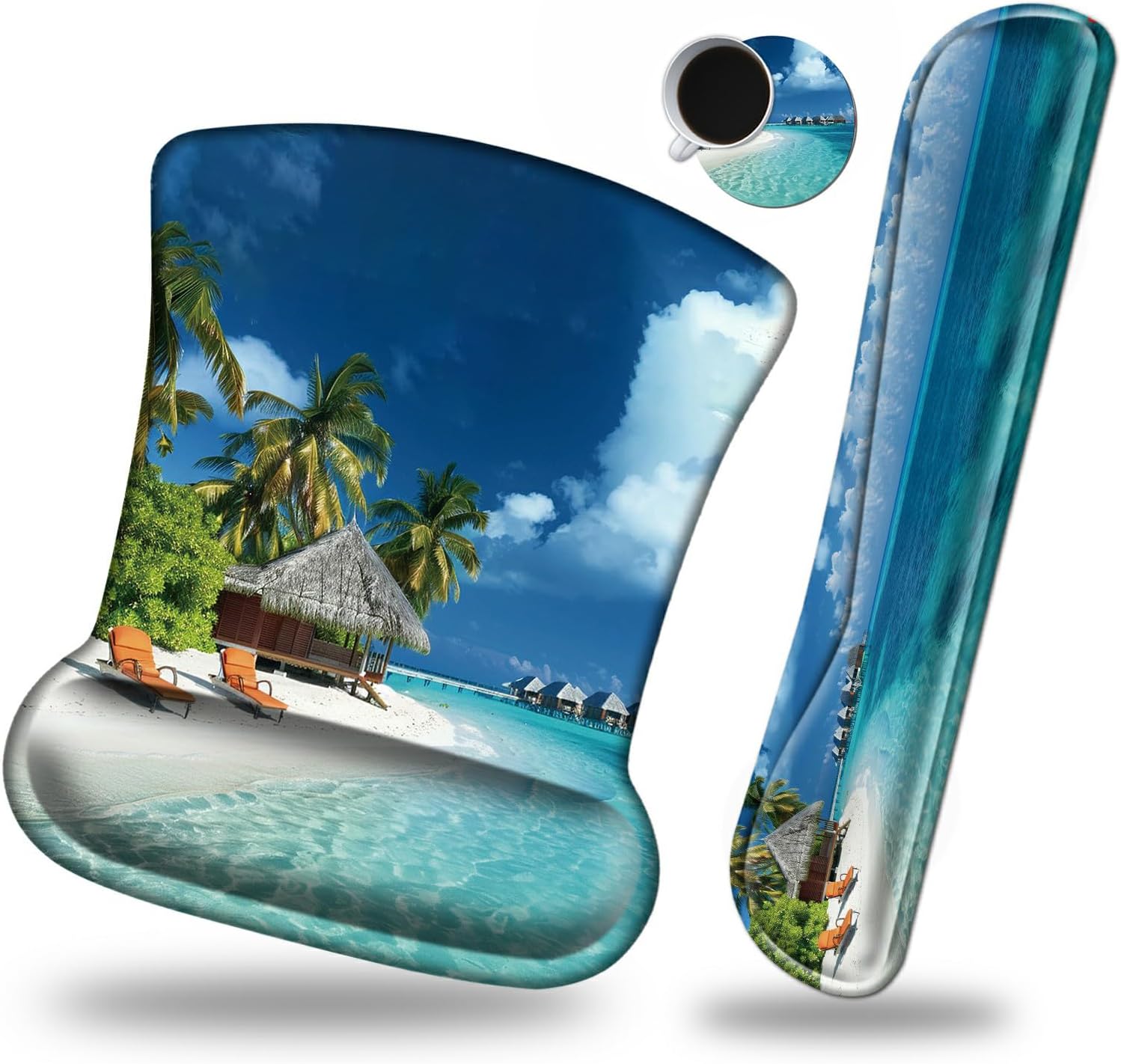 Keyboard Wrist Rest and Mouse Wrist Rest Pad Set, Made of Memory Foam with Non Slip Rubber Base Ergonomic Gel Wrist Rest for Computer Keyboard Gaming Office Working, with Beach Sand Coaster