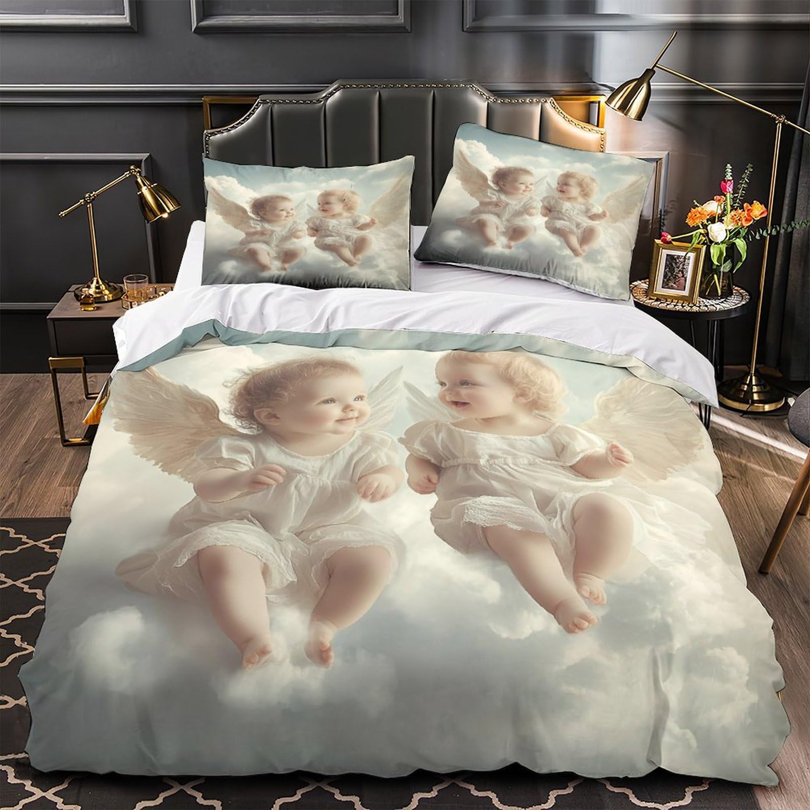 Parure de lit 140x200cm motifs anges imprimés 3D en microfibre pour adolescent
