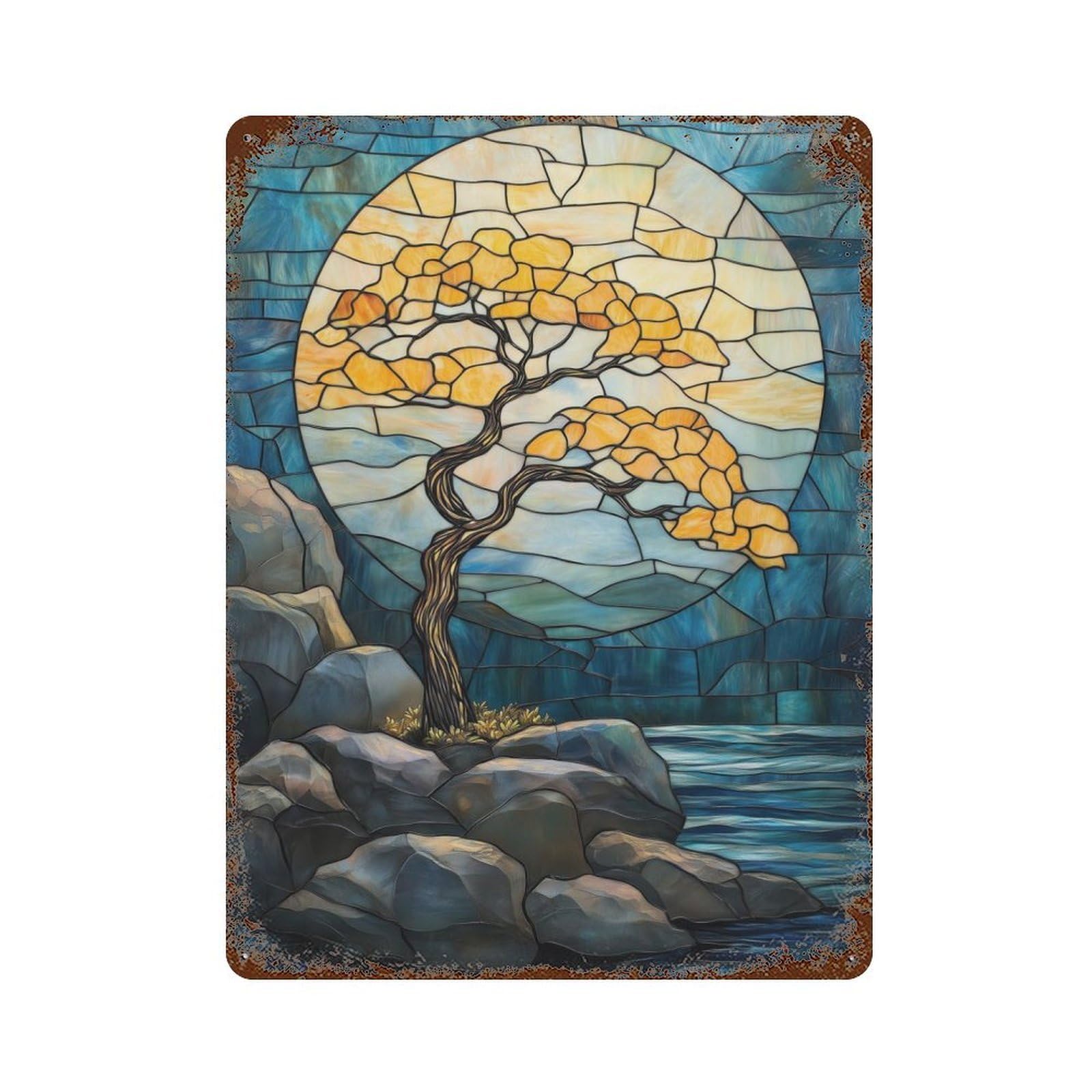 Stained Glass Tree & Moon Decorative Tin Sign 15.7"x11.8", Farmhouse Wall Decor for Living Room, Hallway And Home Decor