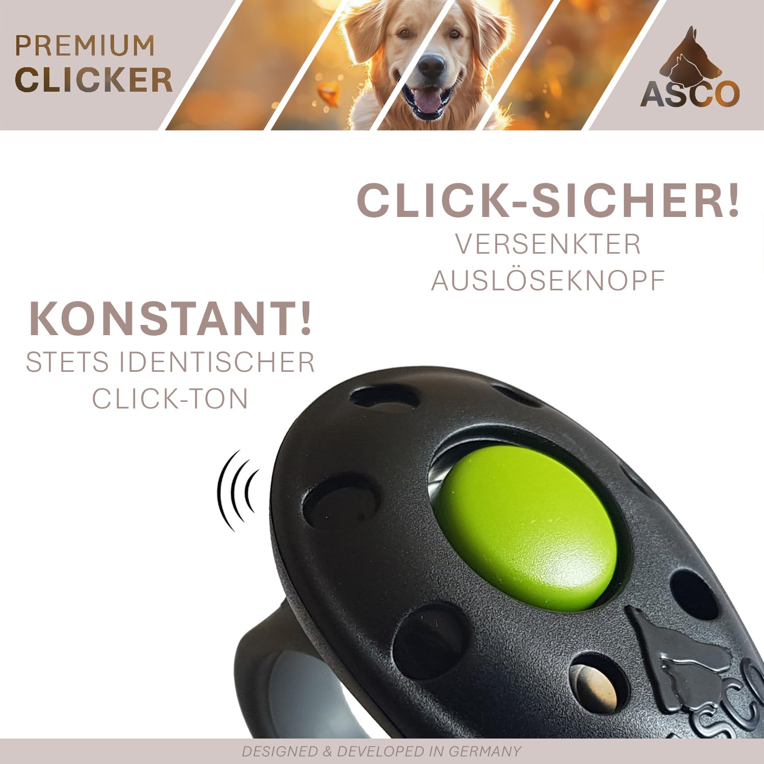 ASCO, clicker premium, ideale per l'allenamento di cani, gatti o cavalli, produce un suono adatto ad allenare gli animali