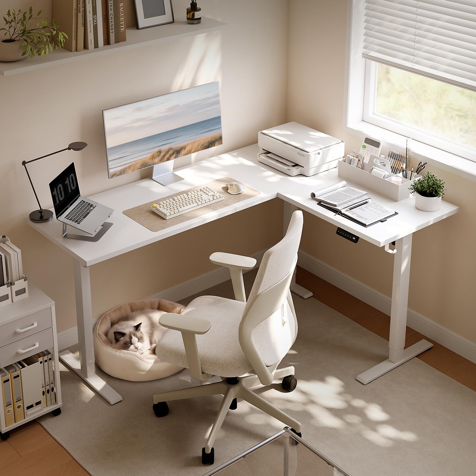 OffiGo Bureau d'angle Assis Debout, 160 x 120 cm Ergonomique réglable Hauteur en Bureaus d'ordinateur Assis Debout, pour Bureau à Domicile, Blanc