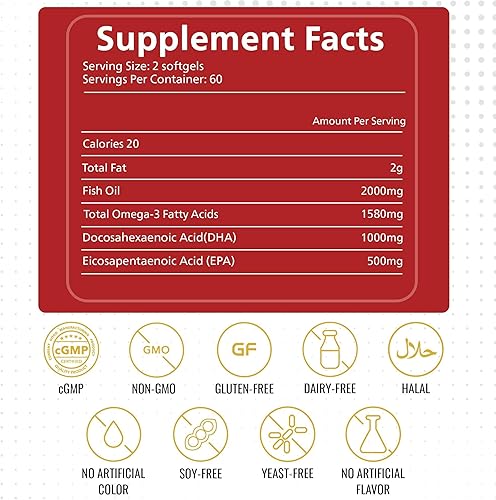 Miniatura 3 de KEN Aceite de pescado Omega 3 de triple fuerza con DHA 1000 mg y EPA 500 mg, suplemento de apoyo para el cerebro y las articulaciones, ácidos grasos